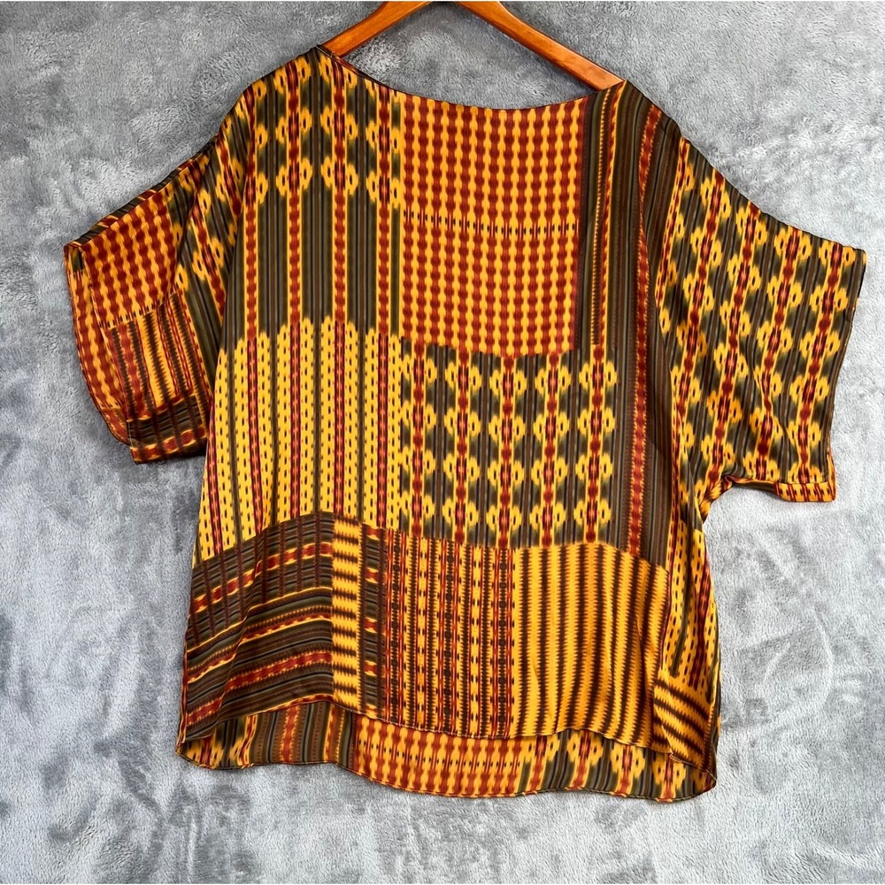 Lauren Ralph Lauren Silk Tunic Top 1X Orange Patchwork Kente Inspired Blouse - Picture 2 of 7